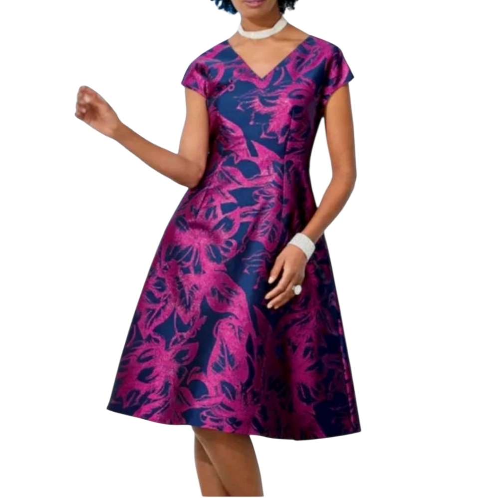 NWT Ashro Vibrant Pink Navy Floral Jacquard Fit & Flare Midi Dress Plus Size 26W